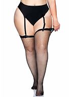 Thigh high stockings, small fishnet, lace edge, plus size